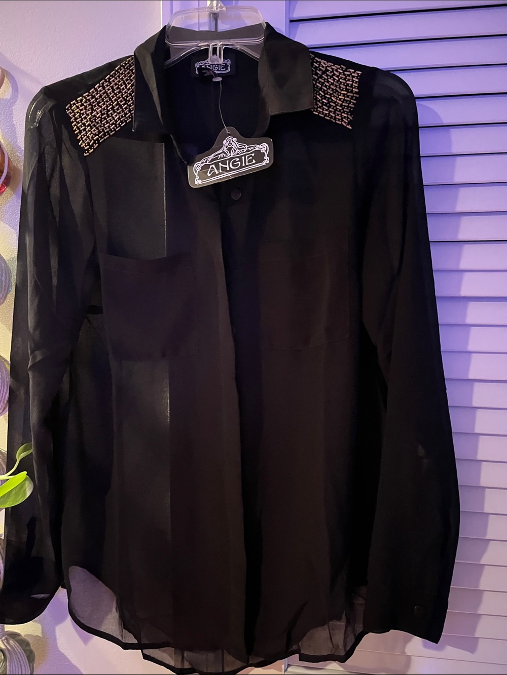 Angie Black Sheer Blouse Jacket with Embellished Shoulders
